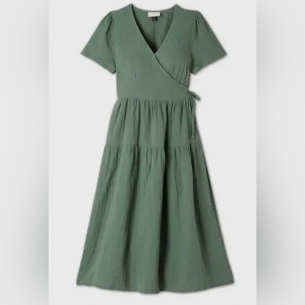 Green linen midi wrap dress